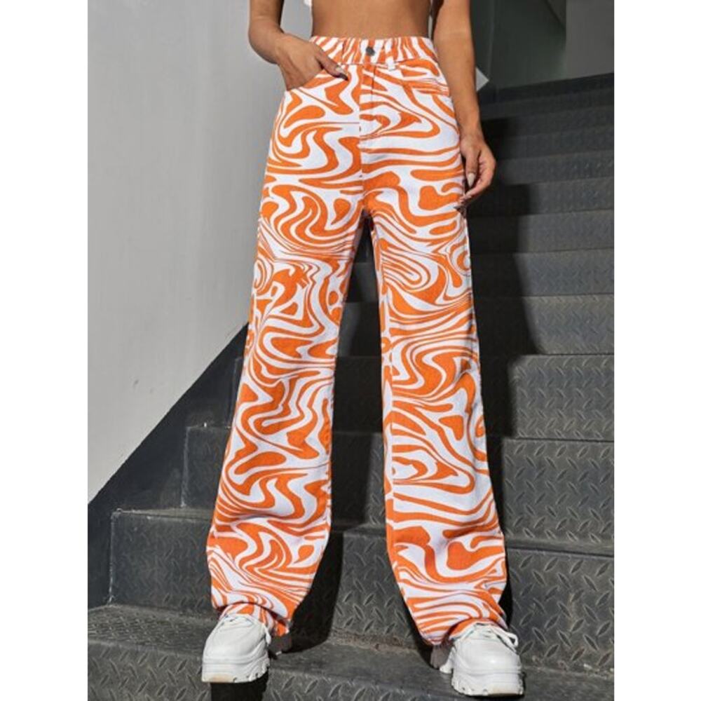 Shein Icon High Waisted Orange White Groovy Jeans Women's 6 US 3529